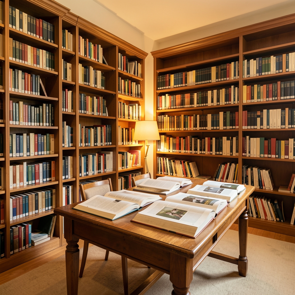 Well-organised research library interior with rows of shelves filled with books, warm ambient light, and a reading table with open reference volumes
