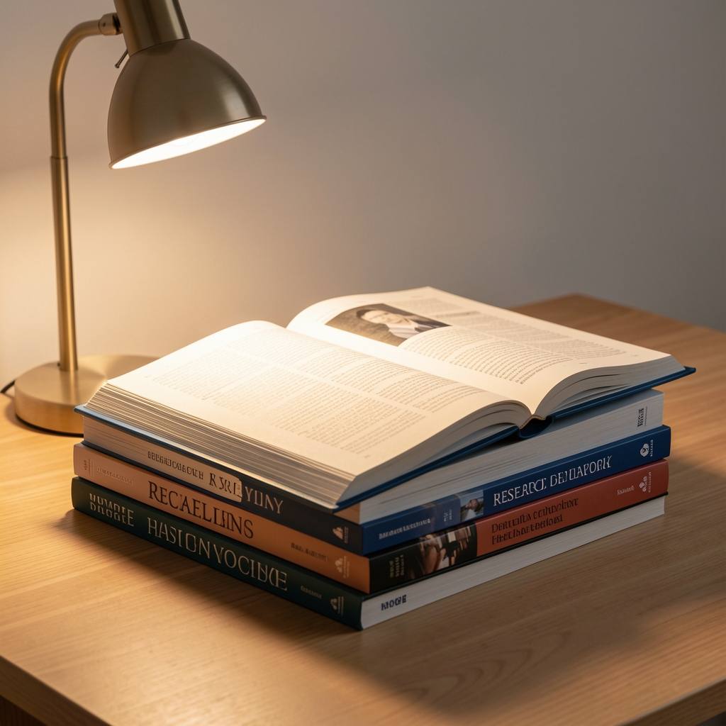 Stack of open research journals and reference books on a clean wooden table with a warm reading lamp casting soft light across the pages