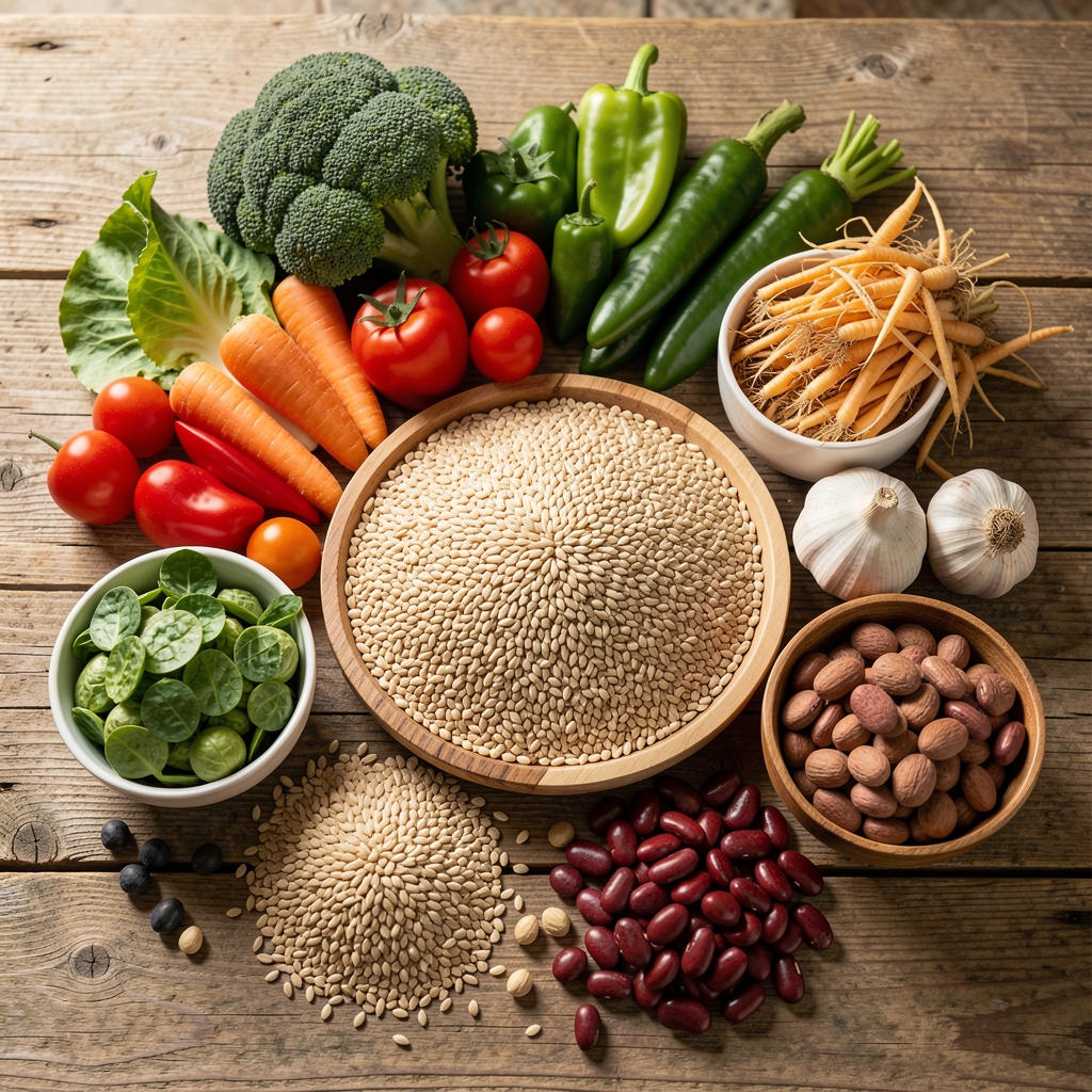 Colourful arrangement of whole foods including vegetables, grains, and legumes laid out on a rustic wooden surface in natural daylight