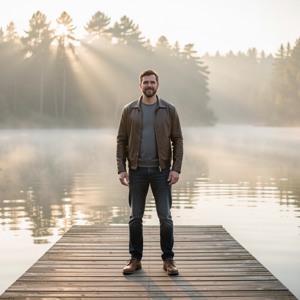 Person stretching calmly outdoors in a peaceful garden setting at dawn, surrounded by mist and soft green foliage, embodying gentle mindful movement