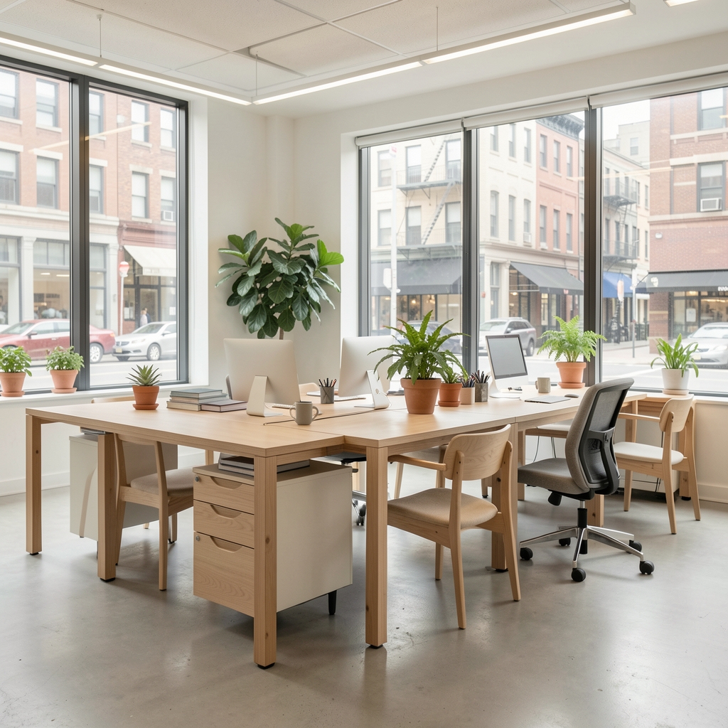 Bright open office workspace with natural wood furniture, indoor plants, and large windows overlooking a city street in soft daylight