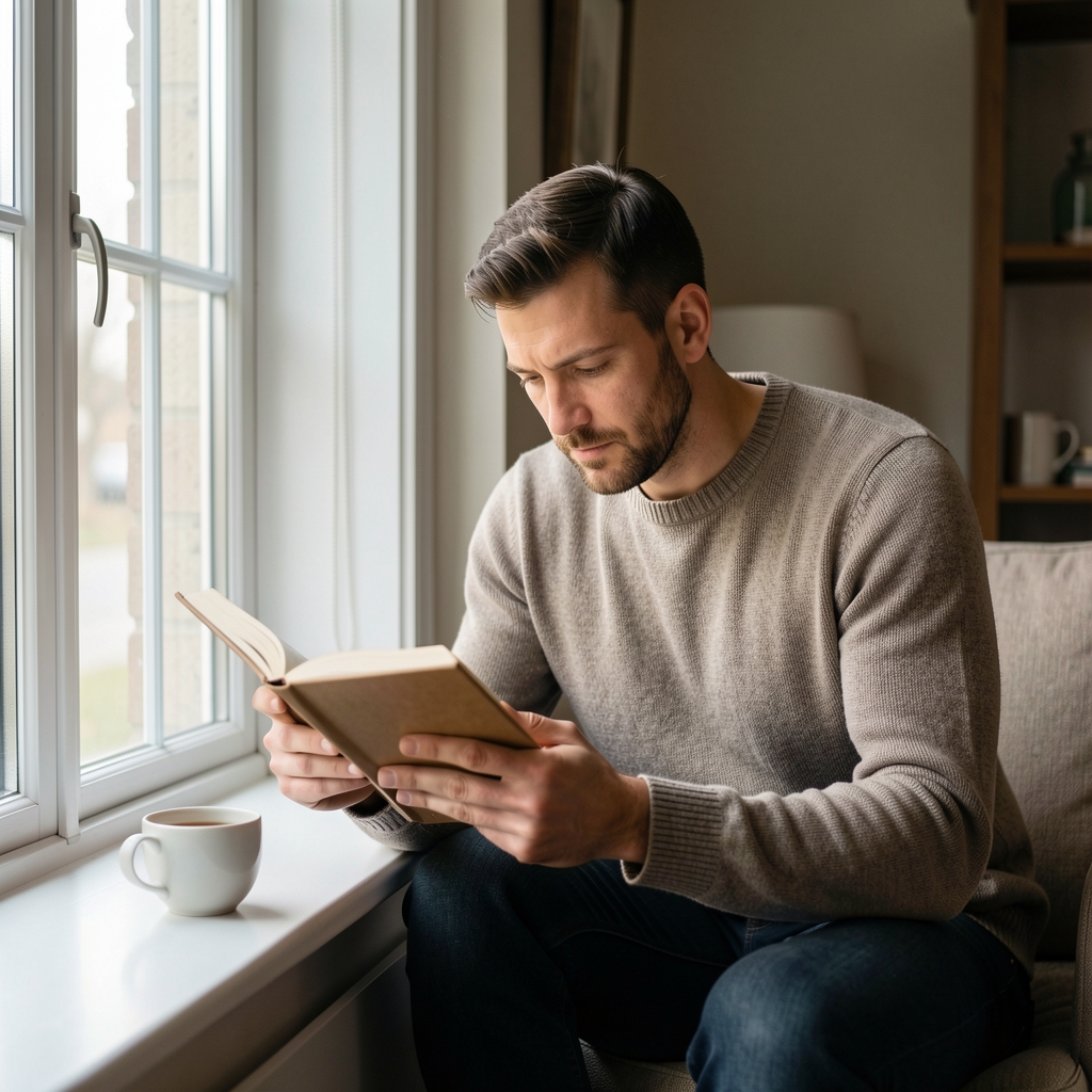 Man sitting quietly by a window in natural light, engaged in thoughtful reading with a cup of tea beside him, calm domestic interior